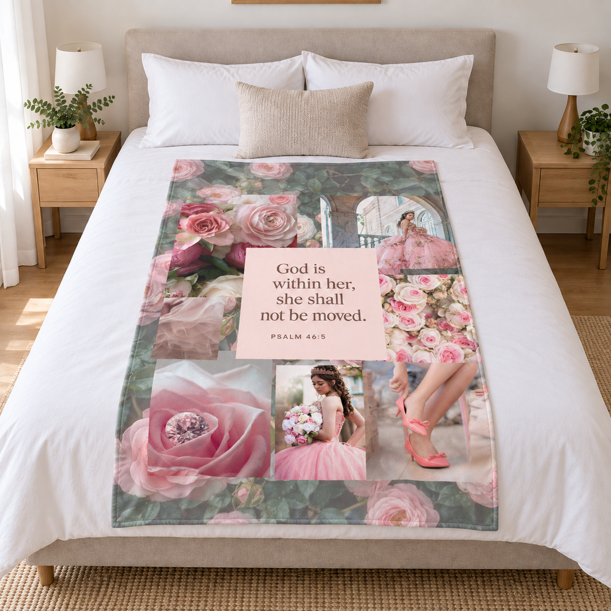 God is Within Her – Faith fleece Blanket and pink scatter cushion