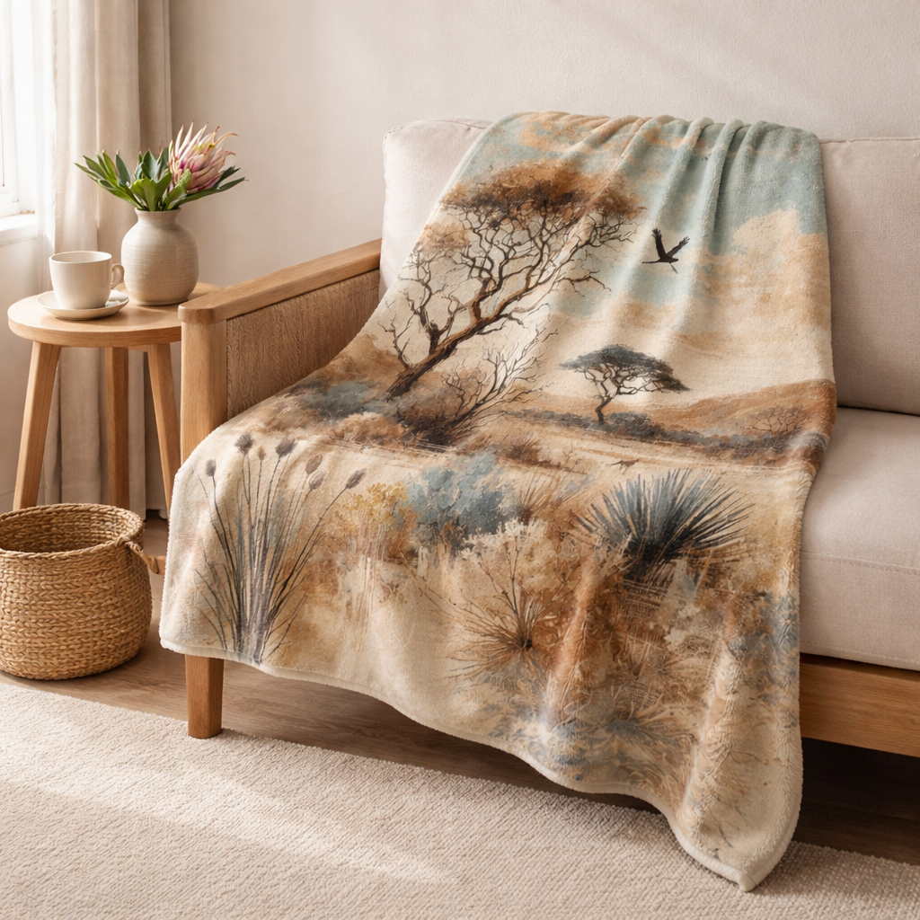 African landscape fleece throw blanket South Africa with acacia tree design draped over neutral armchair