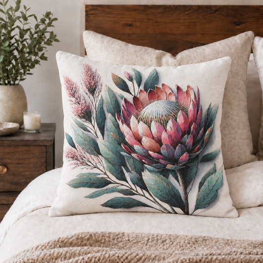 Pink king protea scatter cushion cover on a neutral bed, 45 × 45 cm cotton cushion by Lily Grace Design South Africa.