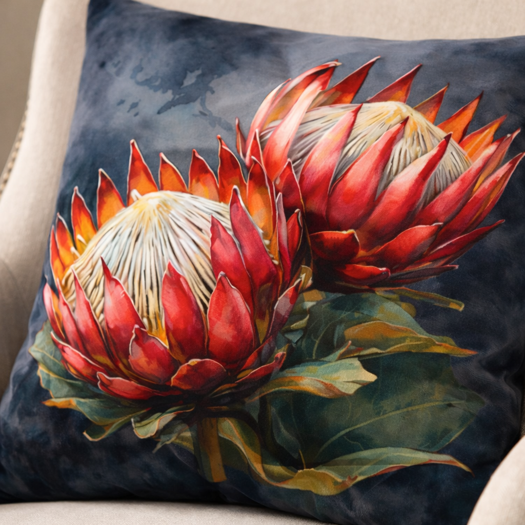 Close up velvet protea cushion cover showing rich colour and smooth fabric texture