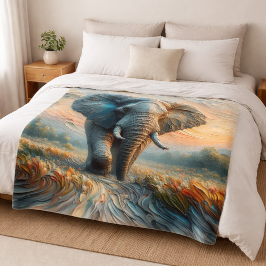 Soft fleece blanket throw with elephant design on bed, lightweight coral fleece blanket South Africa