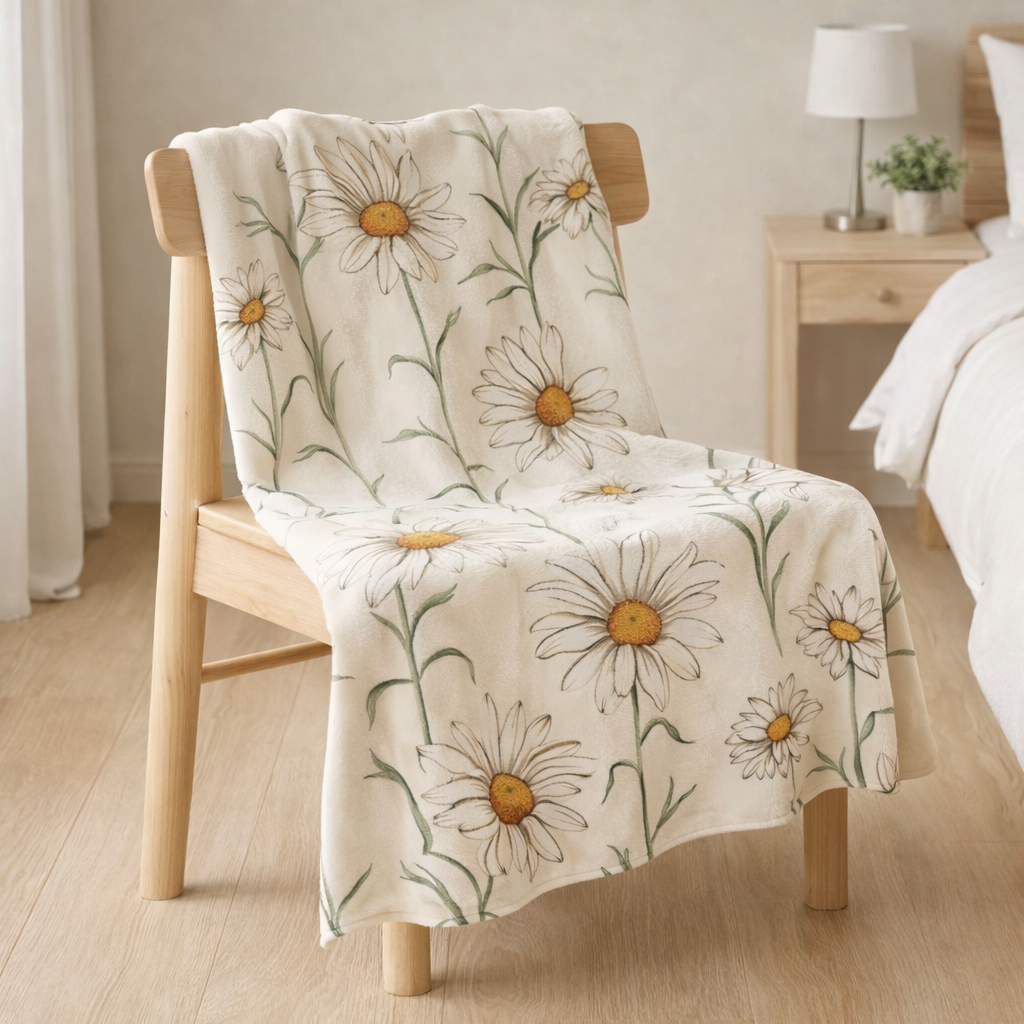 Cream daisy floral fleece throw blanket draped over a light wooden chair in a calm neutral bedroom with natural light.
