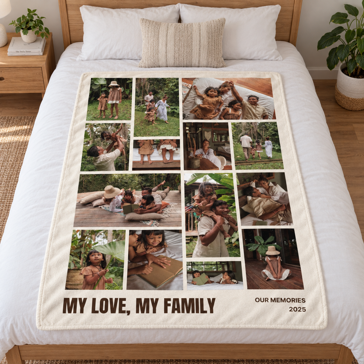 Custom photo blanket with favourite family photographs arranged in a clean collage design