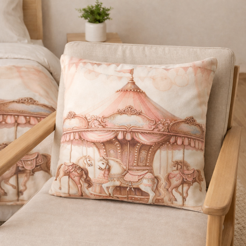 Decorative pillow with carousel design on a chair pink kids bedroom 