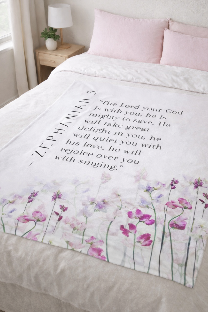 Christian fleece blanket South Africa featuring Zephaniah 3:17 scripture