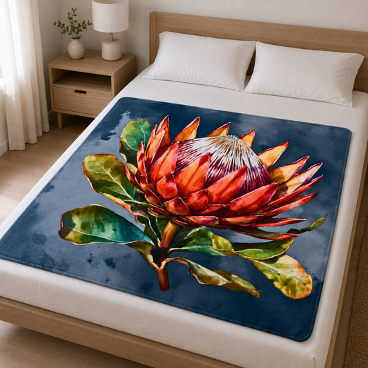 Worked for 12s

1.5 × 1.5 m navy Protea lightweight coral fleece throw blanket on a queen-size bed, Lily Grace Design South Africa.