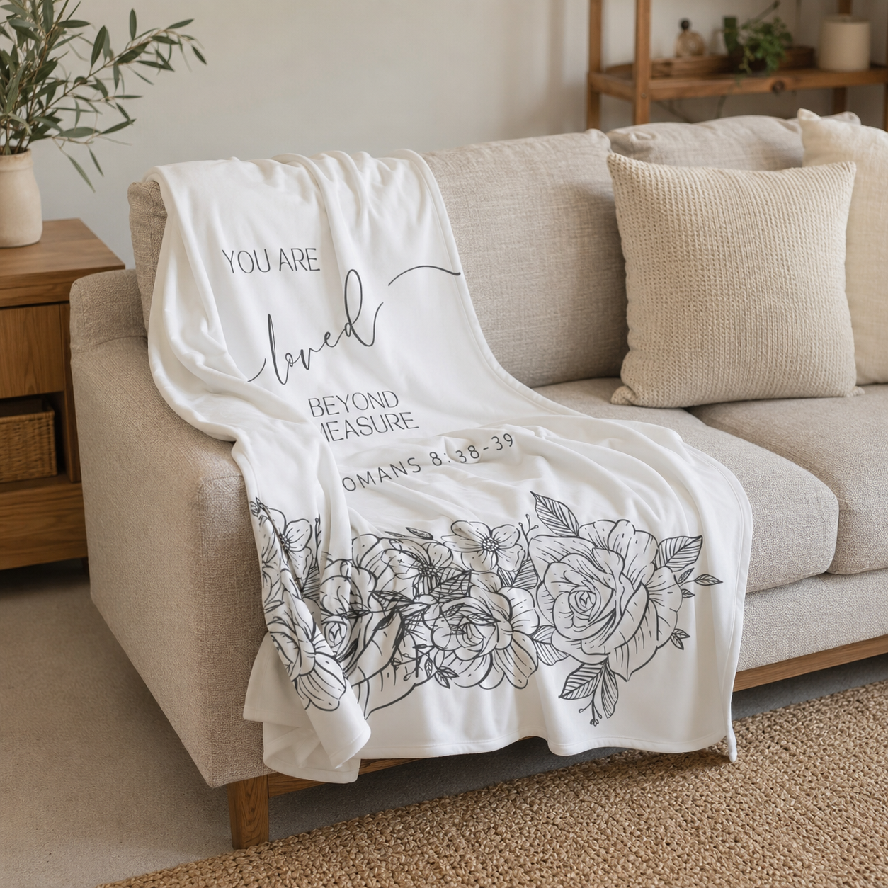Lily Grace 1.5 x 2 m Christian fleece throw with black floral artwork casually draped over a beige couch.