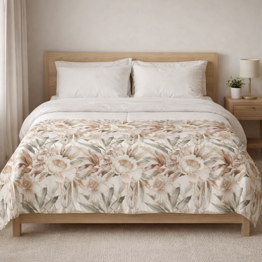 Lightweight fleece throw blanket with neutral botanical design draped over beige armchair in calm home interior