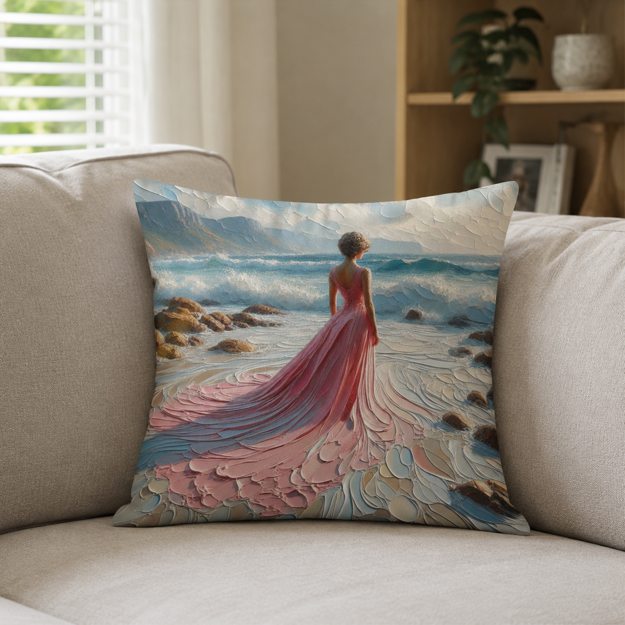 Close-up of a 45 × 45 cm cotton cushion cover featuring a woman in a pink dress overlooking ocean waves on a cream sofa