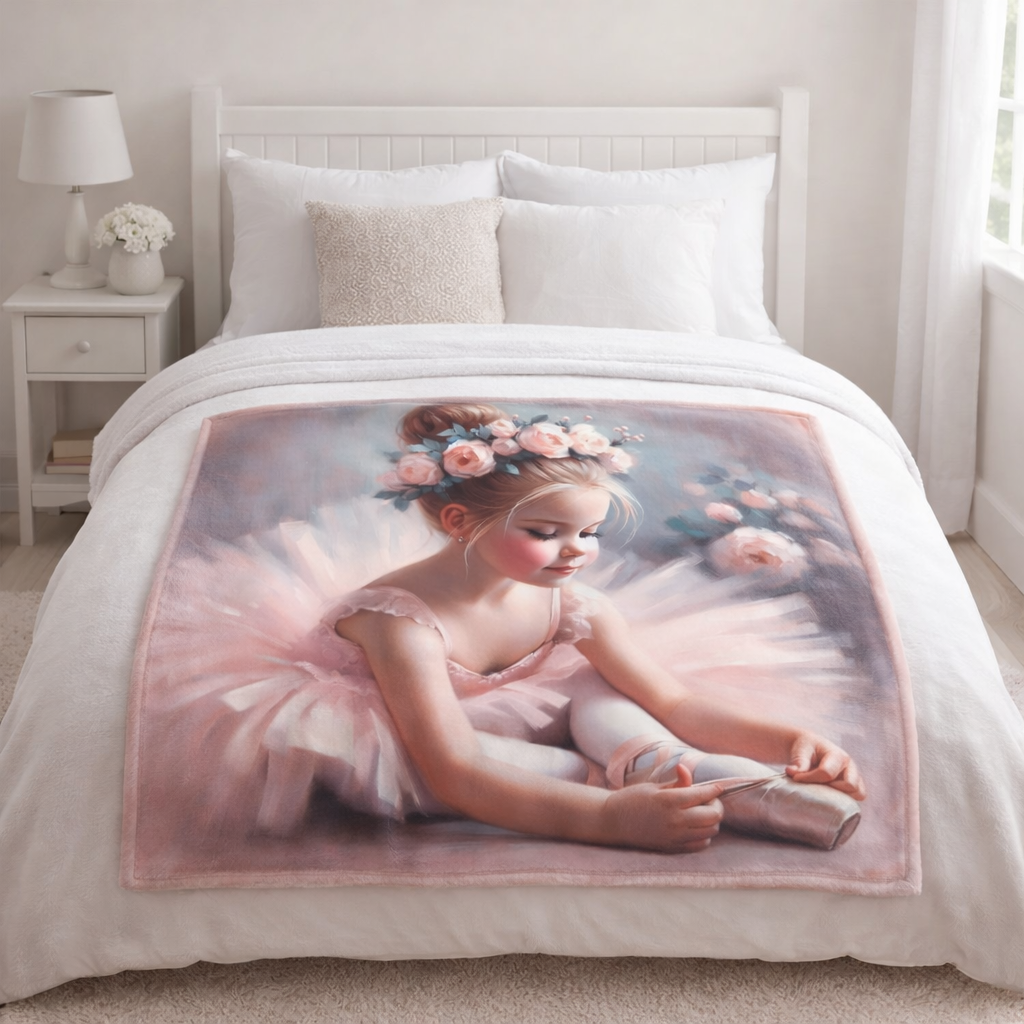 Fleece Blanket with a ballerina design on a bed in a bedroom setting