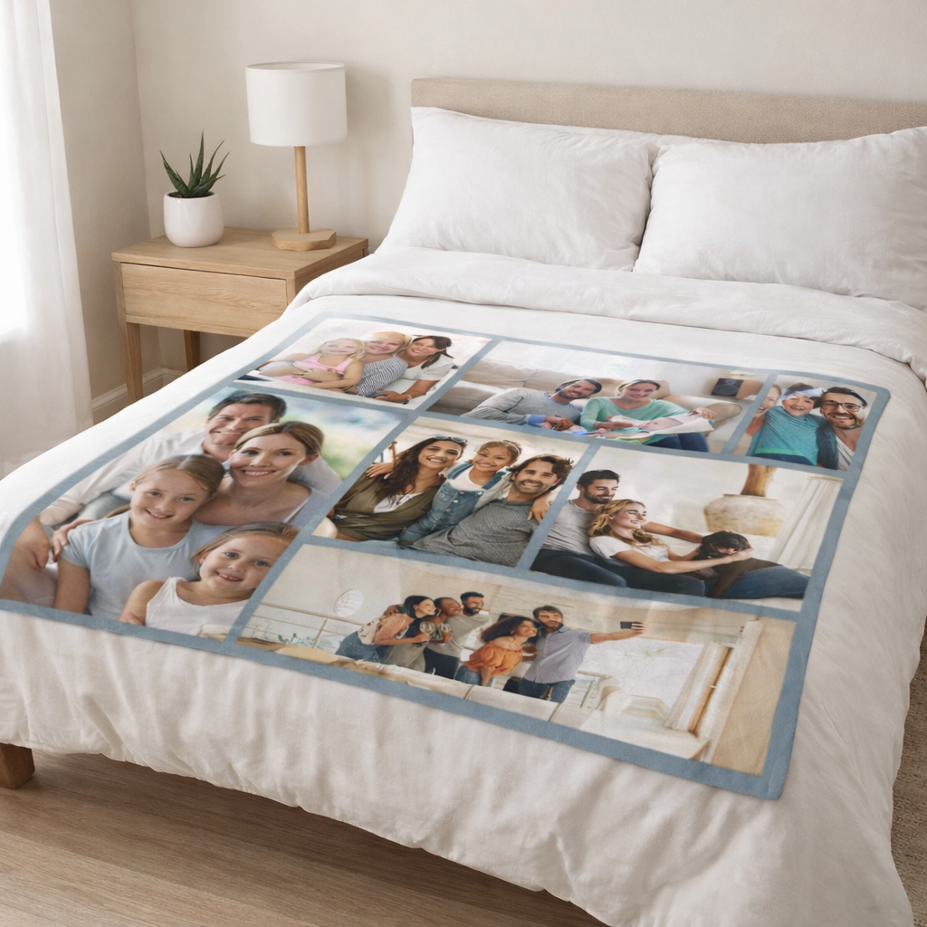 Personalized photo blanket on a bed with family images