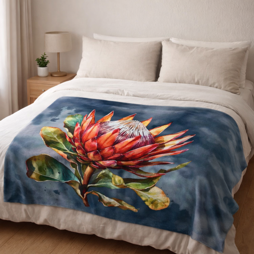 Protea fleece blanket South Africa, soft lightweight fleece throw on bed with bold red protea design
