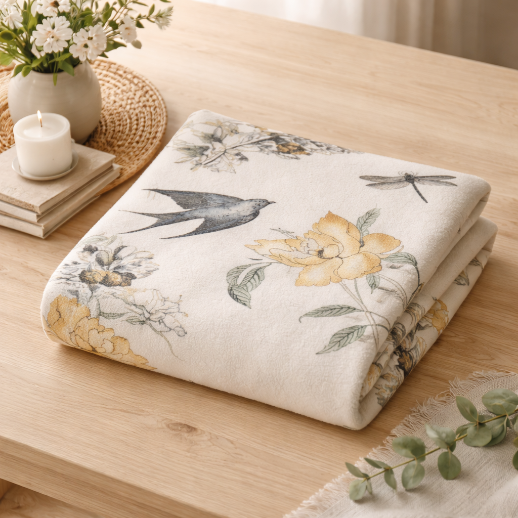 Folded botanical fleece throw blanket with bird and floral print styled on wooden table minimalist home decor
