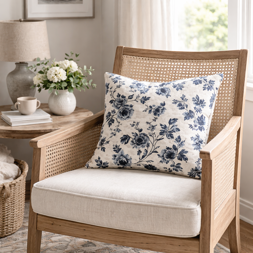 floral cotton scatter cushion cover on natural wood and cane chair in light neutral living room