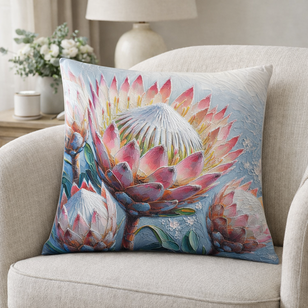 Pastel protea cotton cushion cover 45x45cm on neutral armchair
