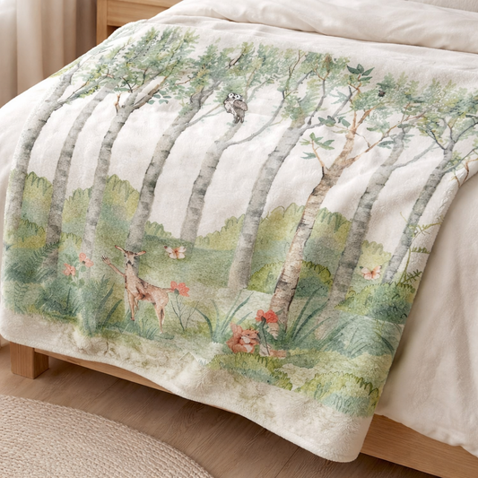 Decorative blanket with forest design featuring trees and animals on a bed.