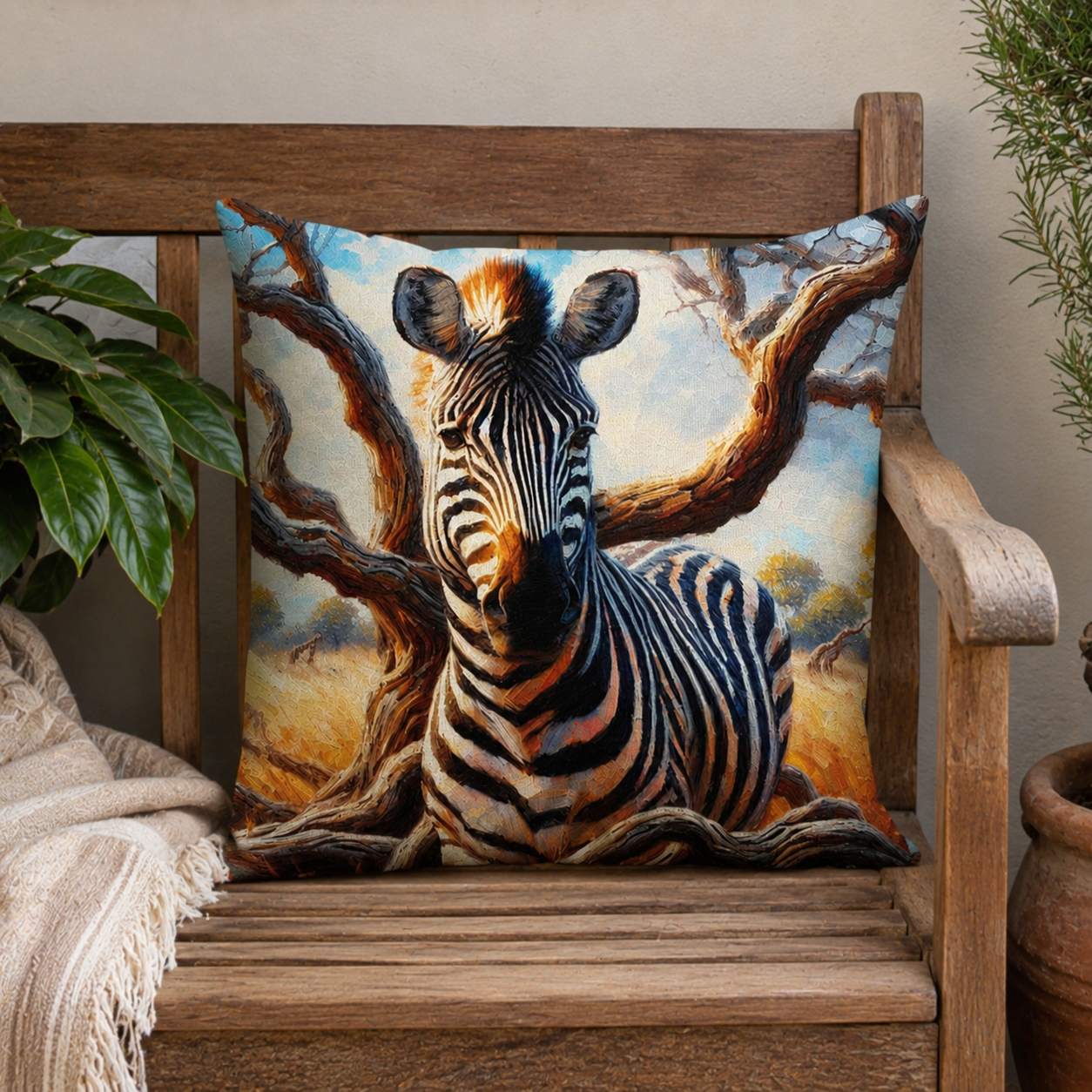 African zebra cotton scatter cushion cover on a wooden bench, 45x45cm decorative cushion cover with wildlife print for farmhouse, lodge, or safari-inspired home décor in South Africa.
