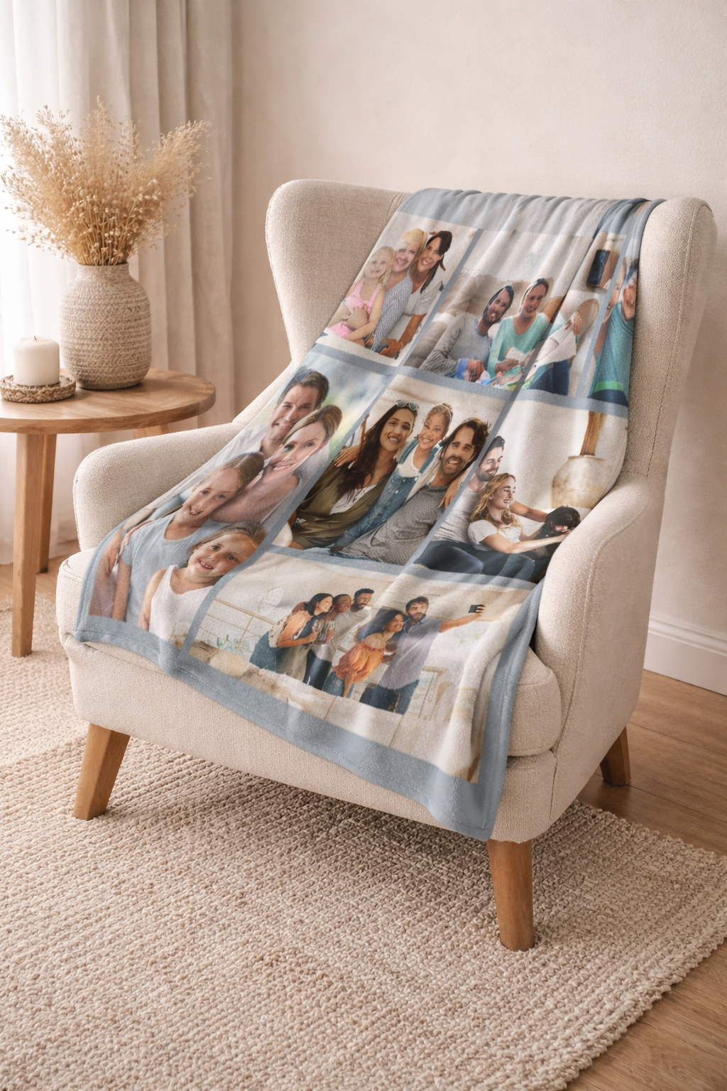 Personalized photo blanket South Africa draped over a chair in a cozy living room.