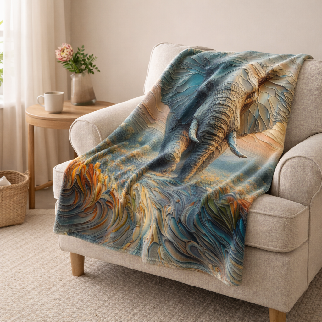 Elephant fleece blanket styled on bed, soft lightweight throw blanket for cozy bedroom