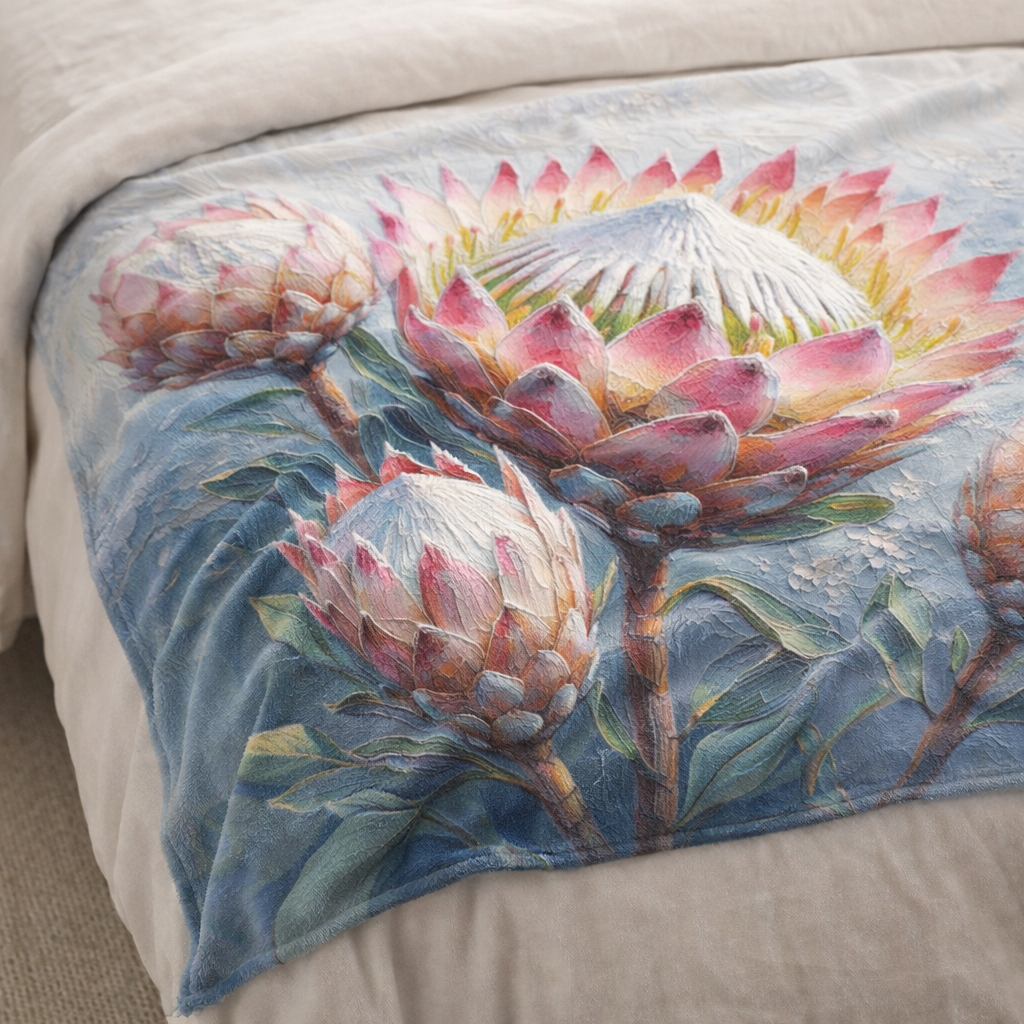 Pink Protea fkeece blanket draped over a bed
