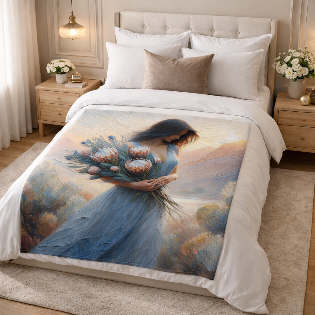 Everlasting Love Faith Blanket Christian bedding with woman and proteas