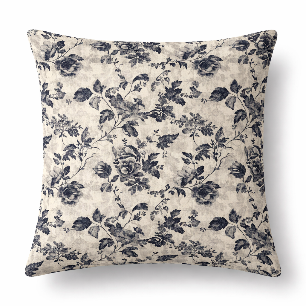 blue and creamy floral scatter cushion cover on wooden bench natural light