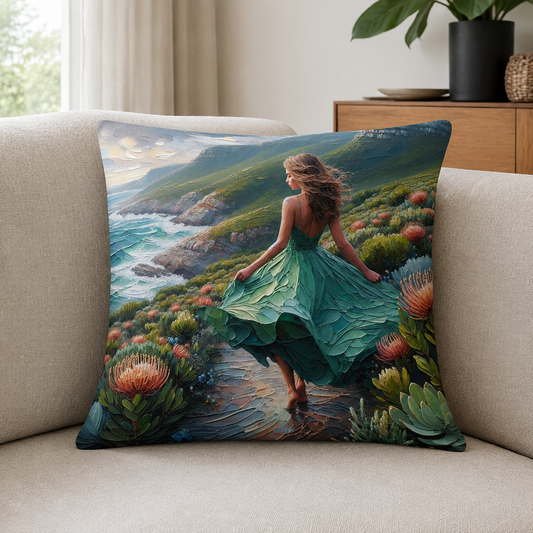 45 × 45 cm cotton scatter cushion with a woman, ocean cliffs and proteas, displayed on neutral bedding with a wooden headboard.