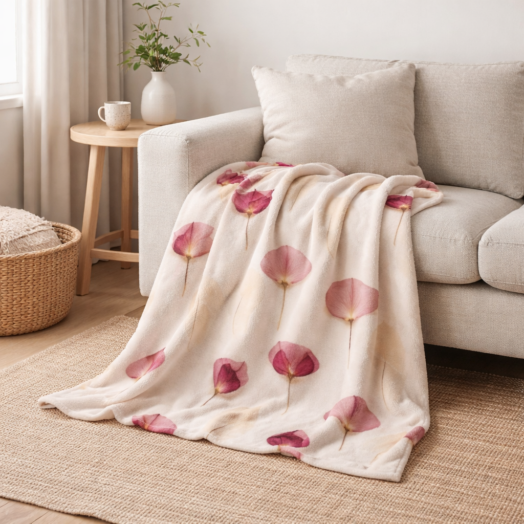 Floral-patterned fleece blanket draped over a beige sofa in a cozy living room.