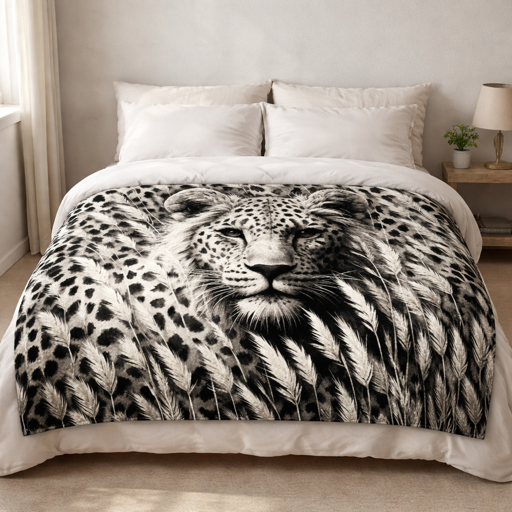 leopard fleece throw blanket draped on bed soft lightweight coral fleece animal print blanket South Africa