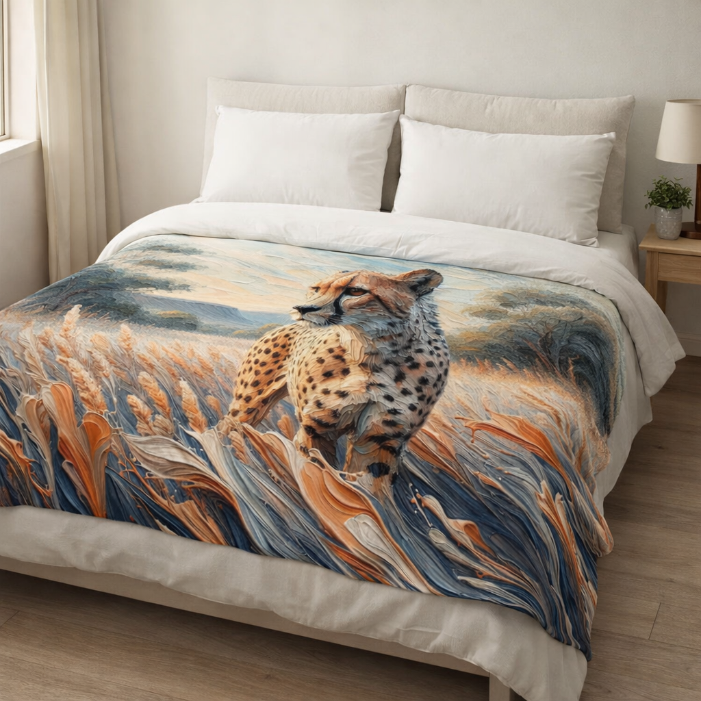 Animal print cheetah blanket draped over a neutral armchair in a calm bedroom, lightweight fleece blanket with detailed wildlife artwork and soft natural fabric texture.