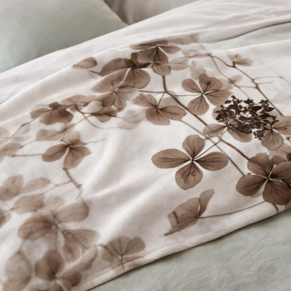 Soft coral fleece throw blanket with delicate botanical floral artwork draped over a chair in a neutral home interior.
