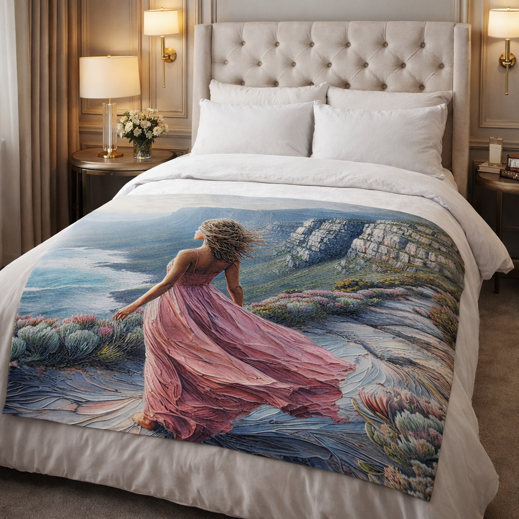 Walk by Faith fleece blanket coastal scene. Christian bedding 