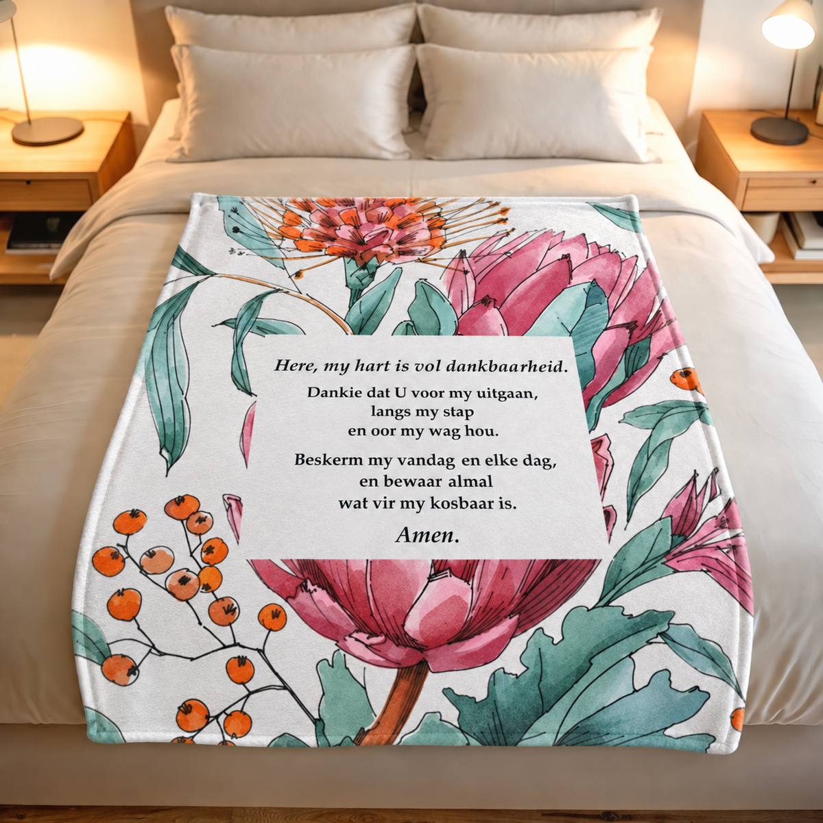 Dankbare Hart Afrikaans prayer blanket design with pink proteas, green leaves and orange berries