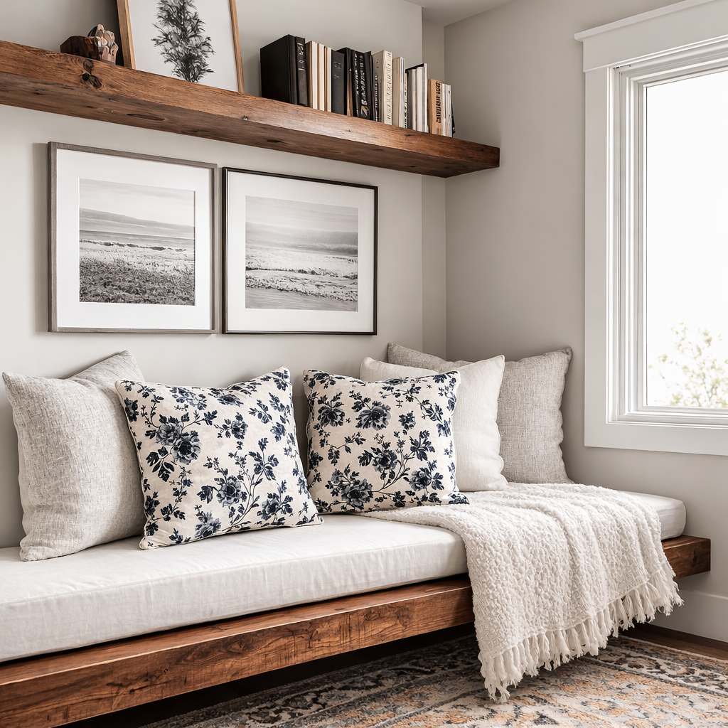 botanical cotton scatter cushion cover styled on neutral bench with soft textiles in minimalist home décor setting
