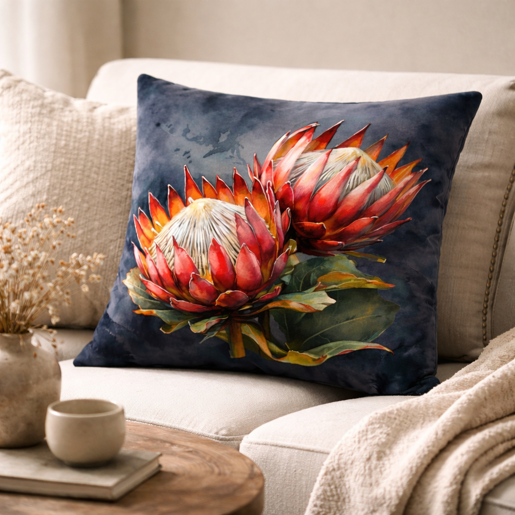 Protea velvet scatter cushion styled on neutral sofa with warm minimalist décor