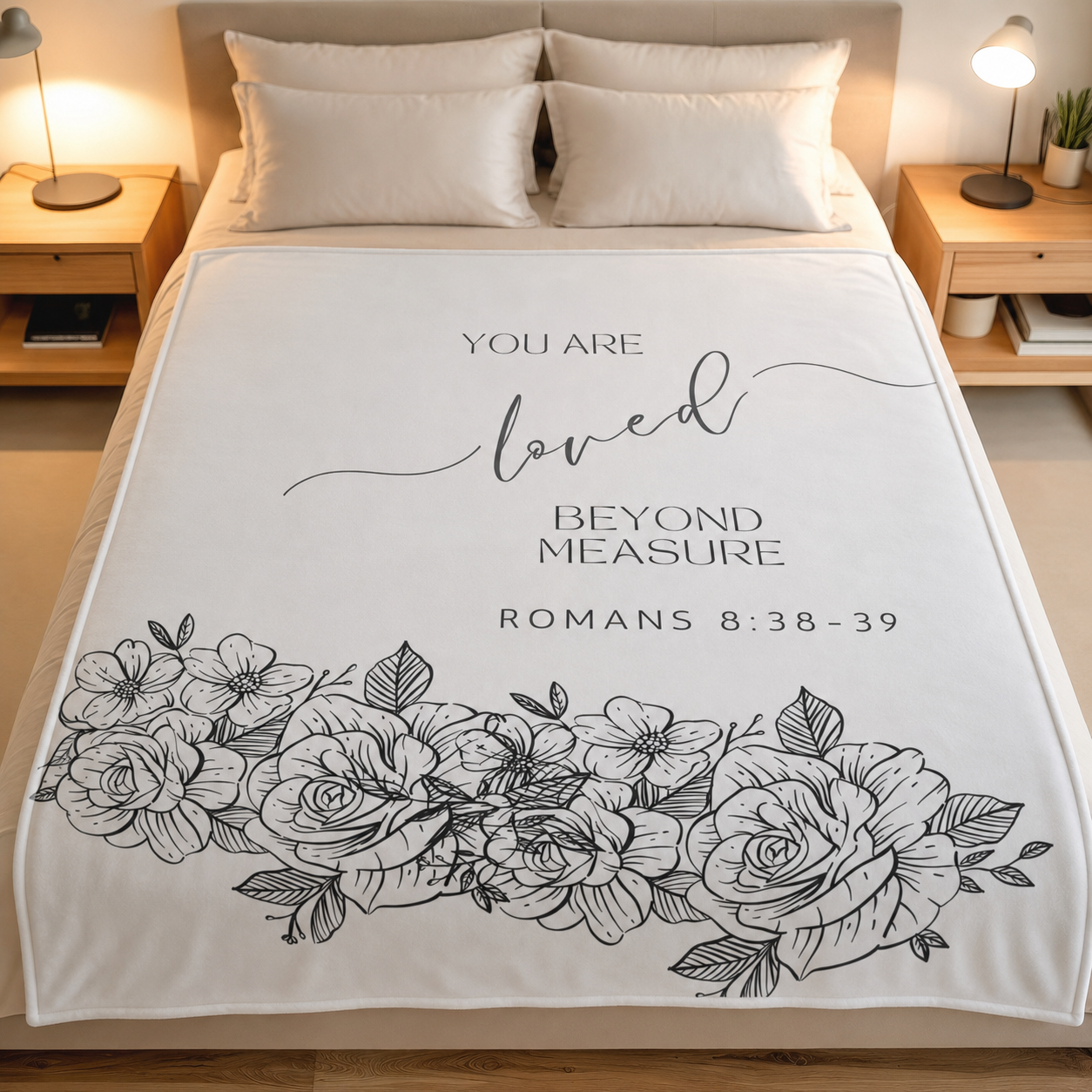 White Romans 8:38-39 lightweight fleece blanket draped naturally over a neutral sofa in a South African home.