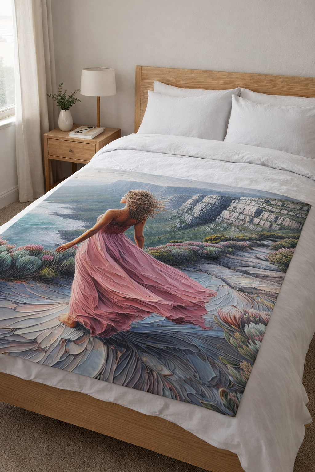 Walk by Faith fleece blanket coastal faith scene pink tones