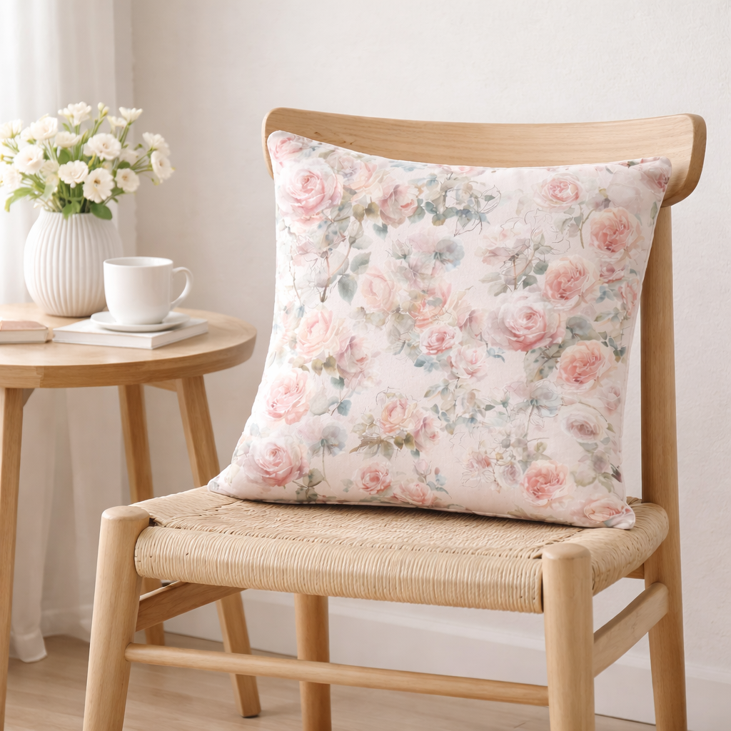 Watercolour rose cotton cushion cover 45x45 on neutral armchair floral cushion design