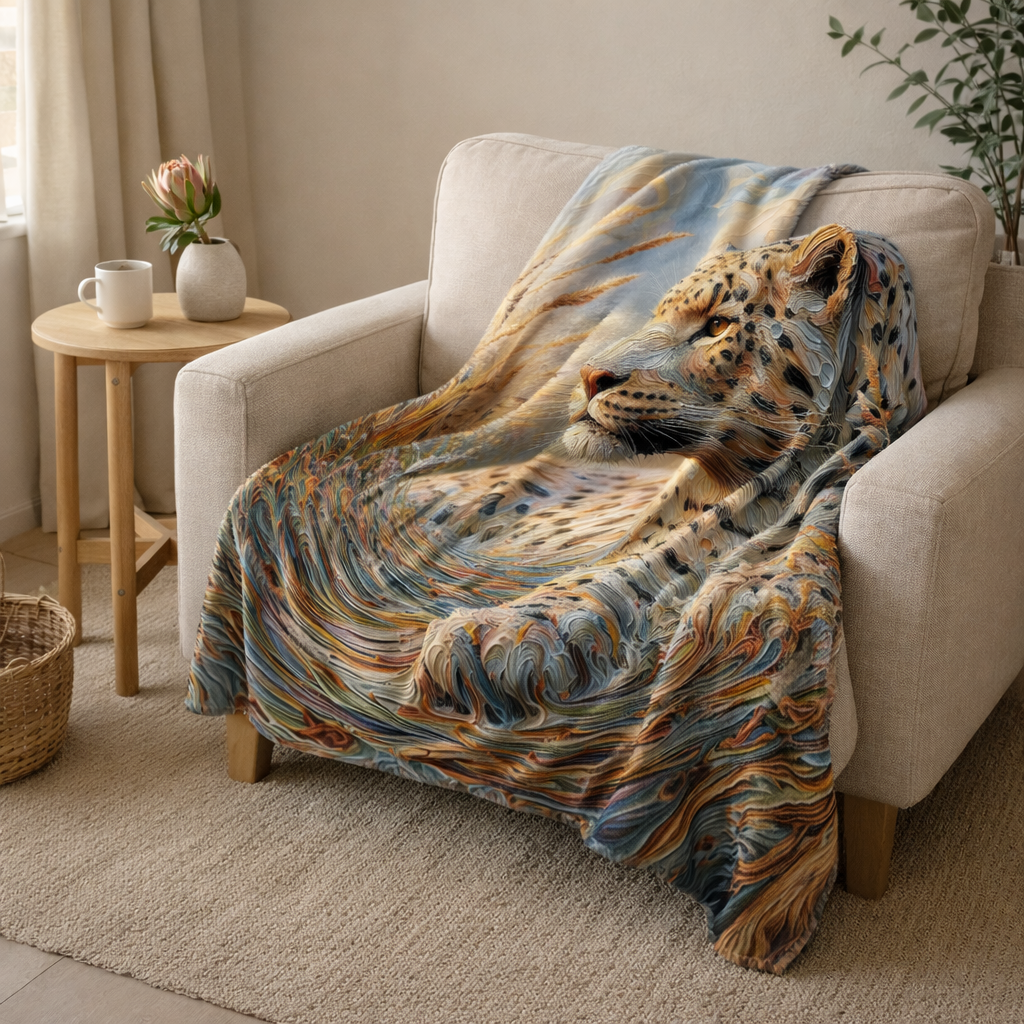 leopard print fleece throw blanket draped on chair safari inspired home decor south africa