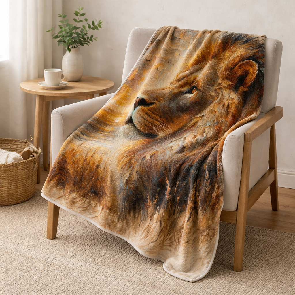 Soft fleece blanket throw with wildlife lion illustration, lightweight animal print blanket draped over an armchair in a calm neutral living room.