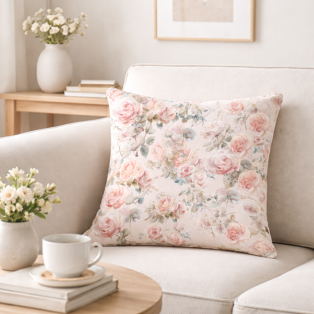 Close up watercolour rose cotton cushion cover fabric detail floral cushion design