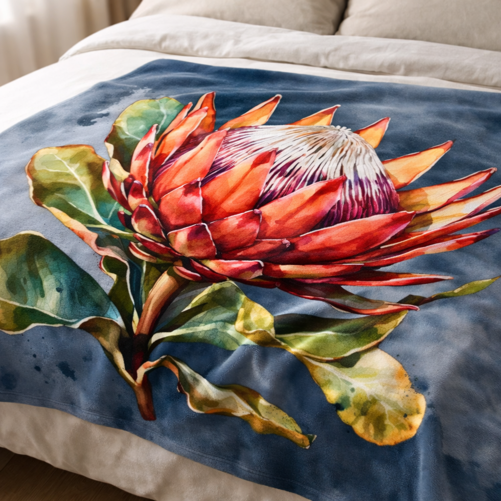 Soft fleece blanket South Africa, protea floral throw blanket on bed in neutral bedroom