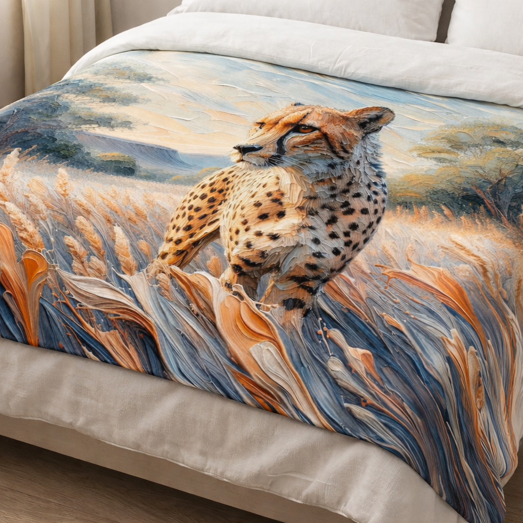 Close view of an animal print cheetah blanket on a chair, lightweight fleece blanket showing soft texture and wildlife illustration in warm earthy tones.