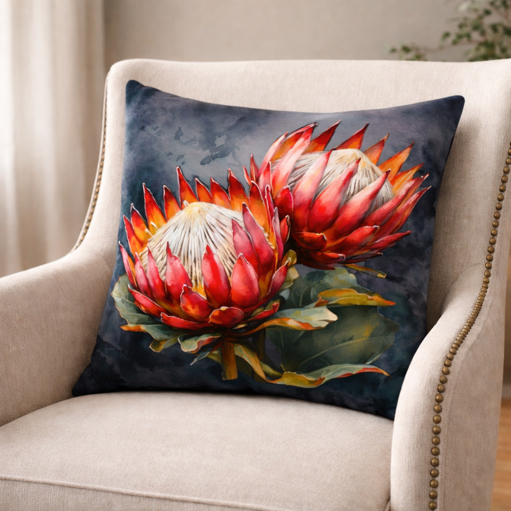 Velvet protea scatter cushion cover on neutral armchair featuring South African botanical artwork