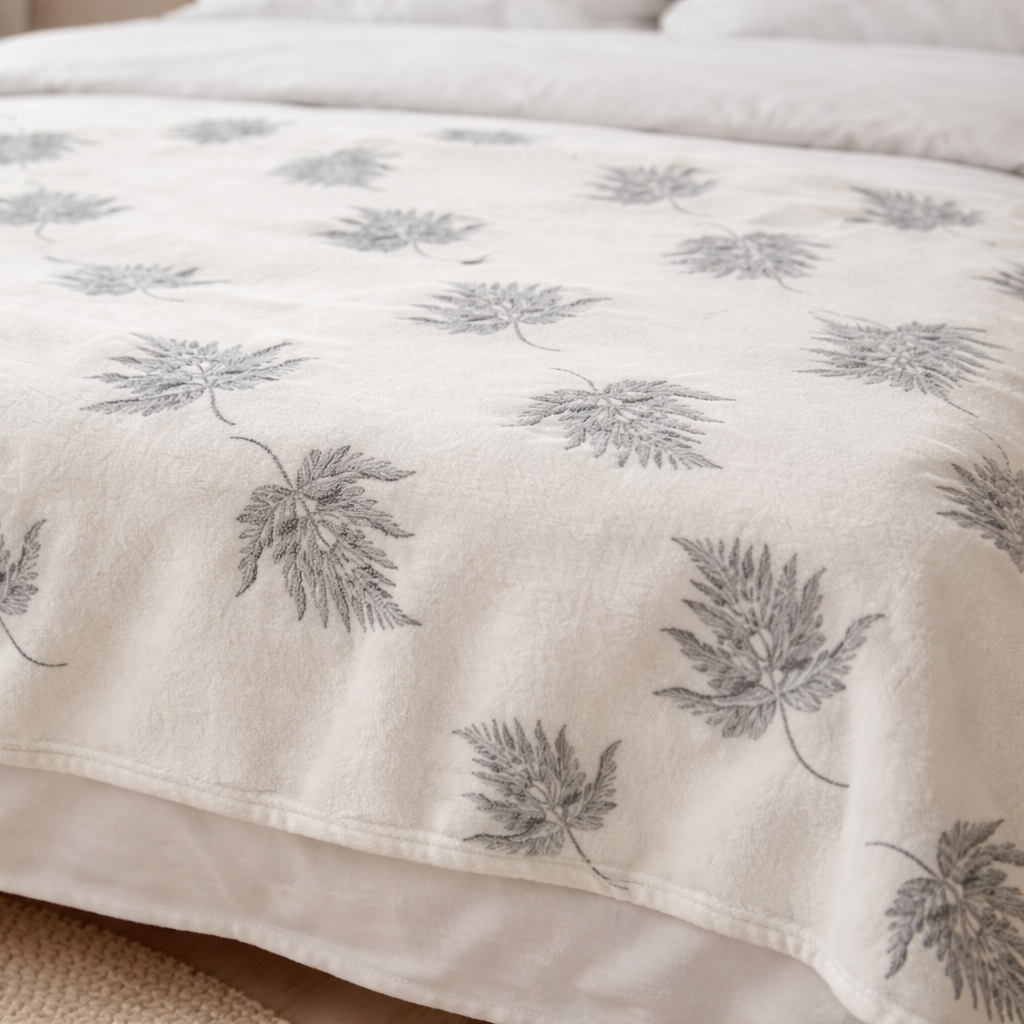Close-up of soft fleece throw blanket with grey botanical leaf pattern