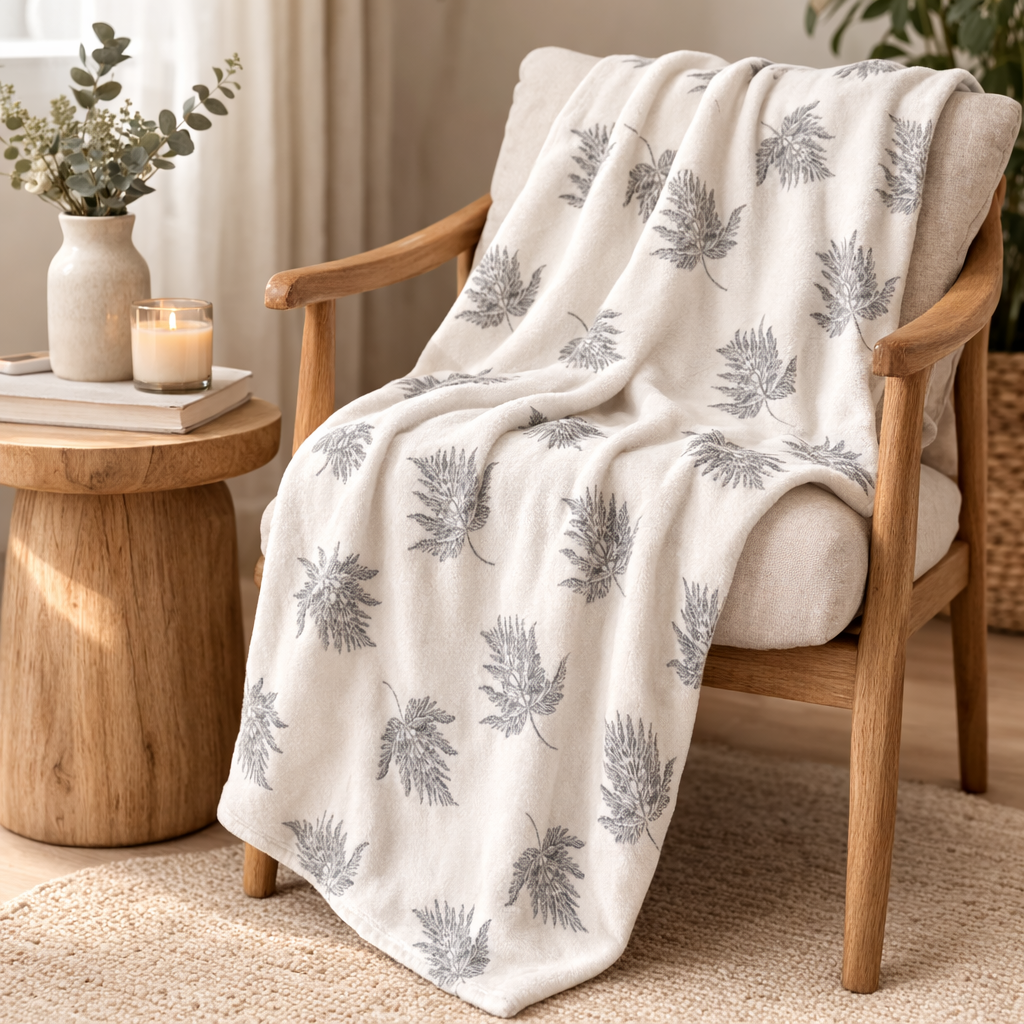 Grey leaf patterned fleece throw blanket styled over chair beside bedside table
