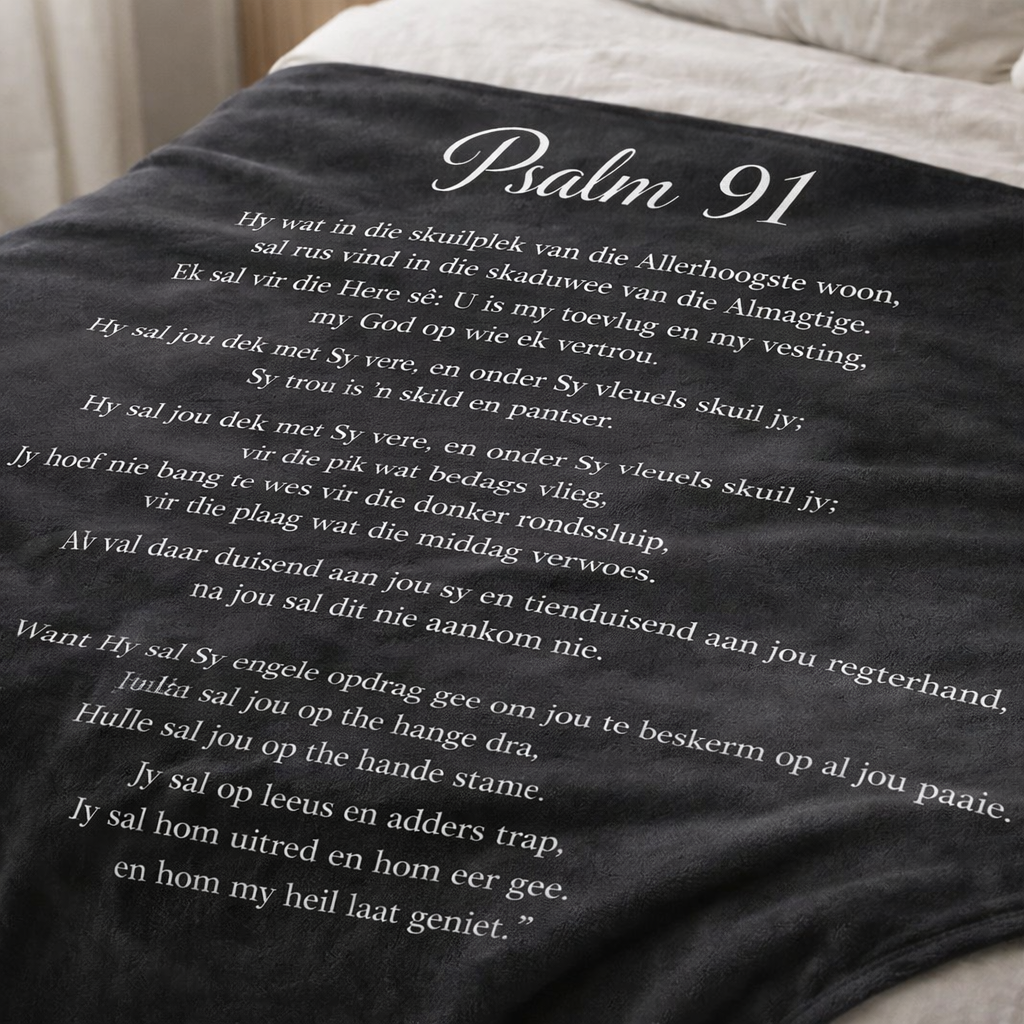 Afrikaans Psalm 91 scripture blanket fleece throw minimalist bedroom styling South Africa faith blanket