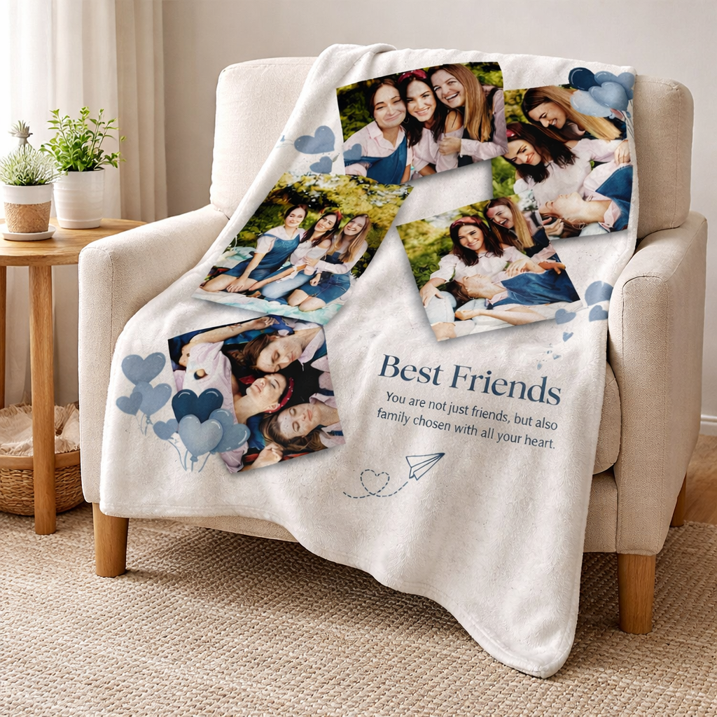 Personalized photo blanket with 'Best Friends' text on a chair in a cozy room. South Africa 