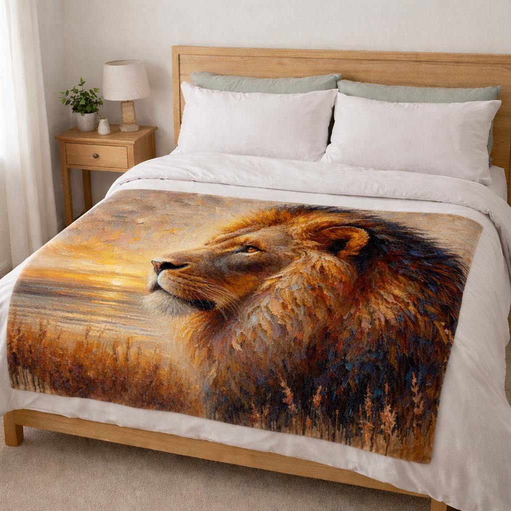 Soft fleece blanket throw with lion wildlife artwork draped over a chair in a calm neutral home interior, lightweight coral fleece animal print blanket for cozy living rooms.