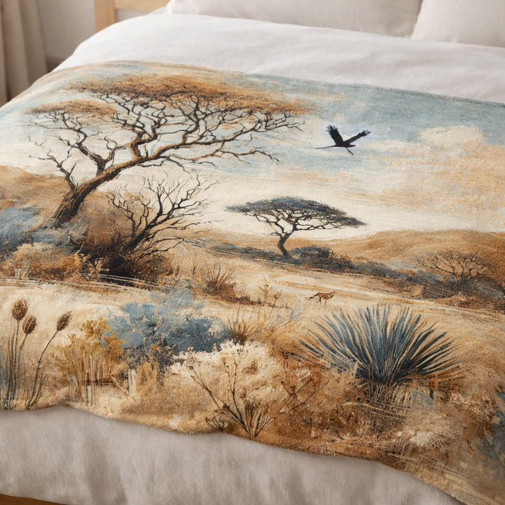 Lightweight fleece throw blanket South Africa with peaceful savanna landscape artwork